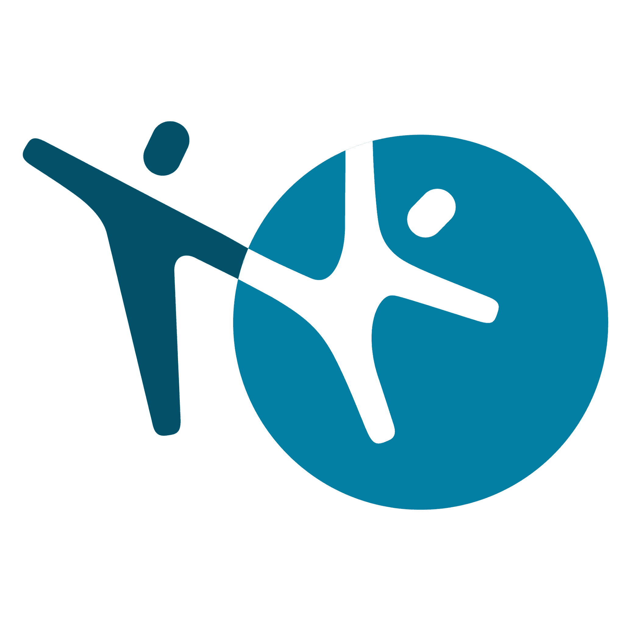 Abstrakt grafikk av to menneskelignende figurer, den ene i mørk blågrønn og den andre i hvit, som overlapper hverandre innenfor og utenfor en blå sirkel, og begge figurene ser ut til å befinne seg i dynamiske, aktive positurer.