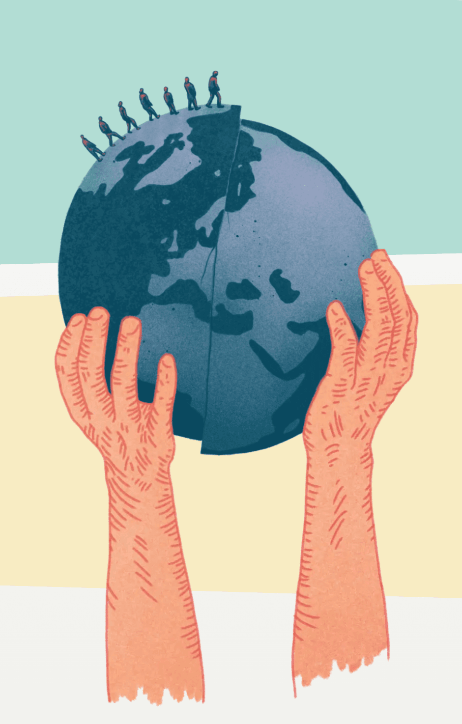 To store hender holder en sprukken globus, mens syv små menneskefigurer går på rekke og rad langs den ødelagte kanten øverst. Bakgrunnen består av enkle, dempede fargeblokker.