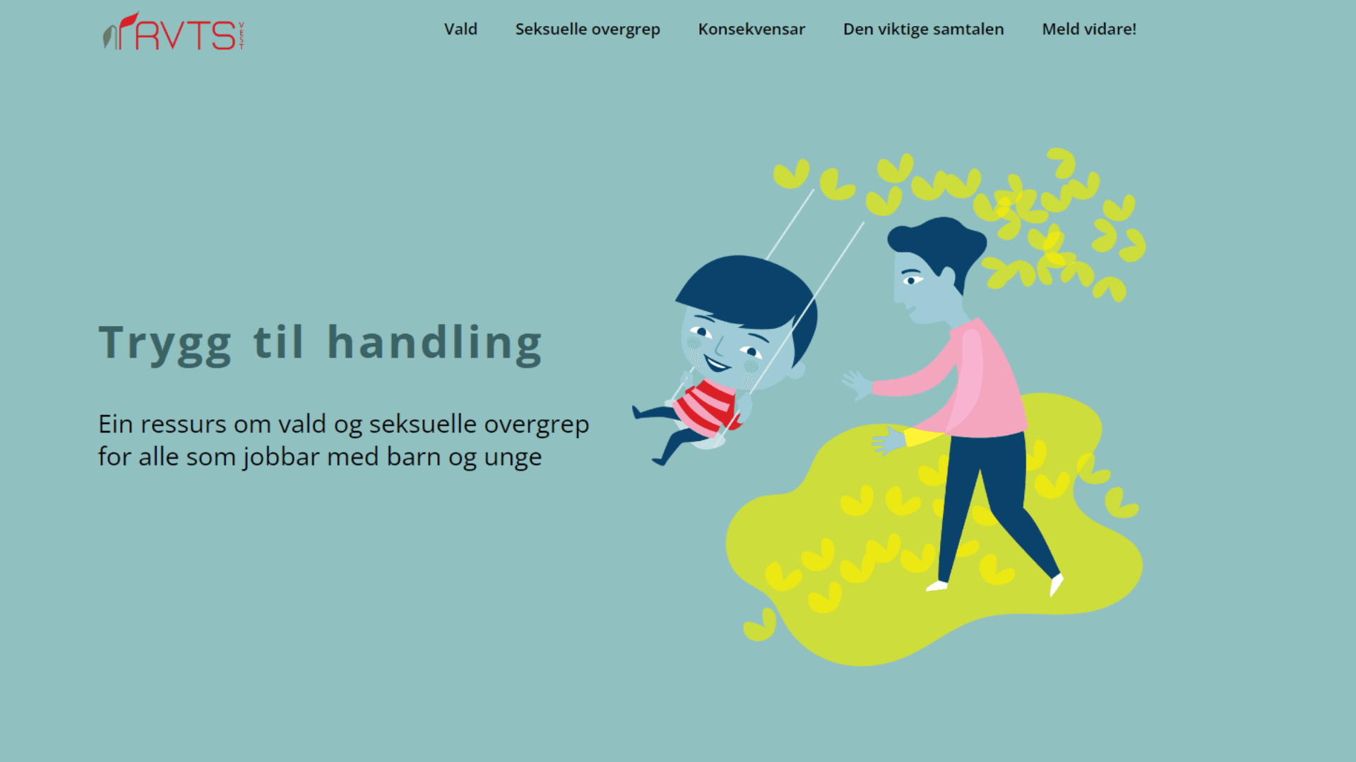 Illustrasjon av en voksen som dytter et barn på en huske, med gule blader på bakken. Norsk tekst reklamerer for en ressurs om forebygging av vold og seksuelle overgrep for dem som jobber med barn og unge.