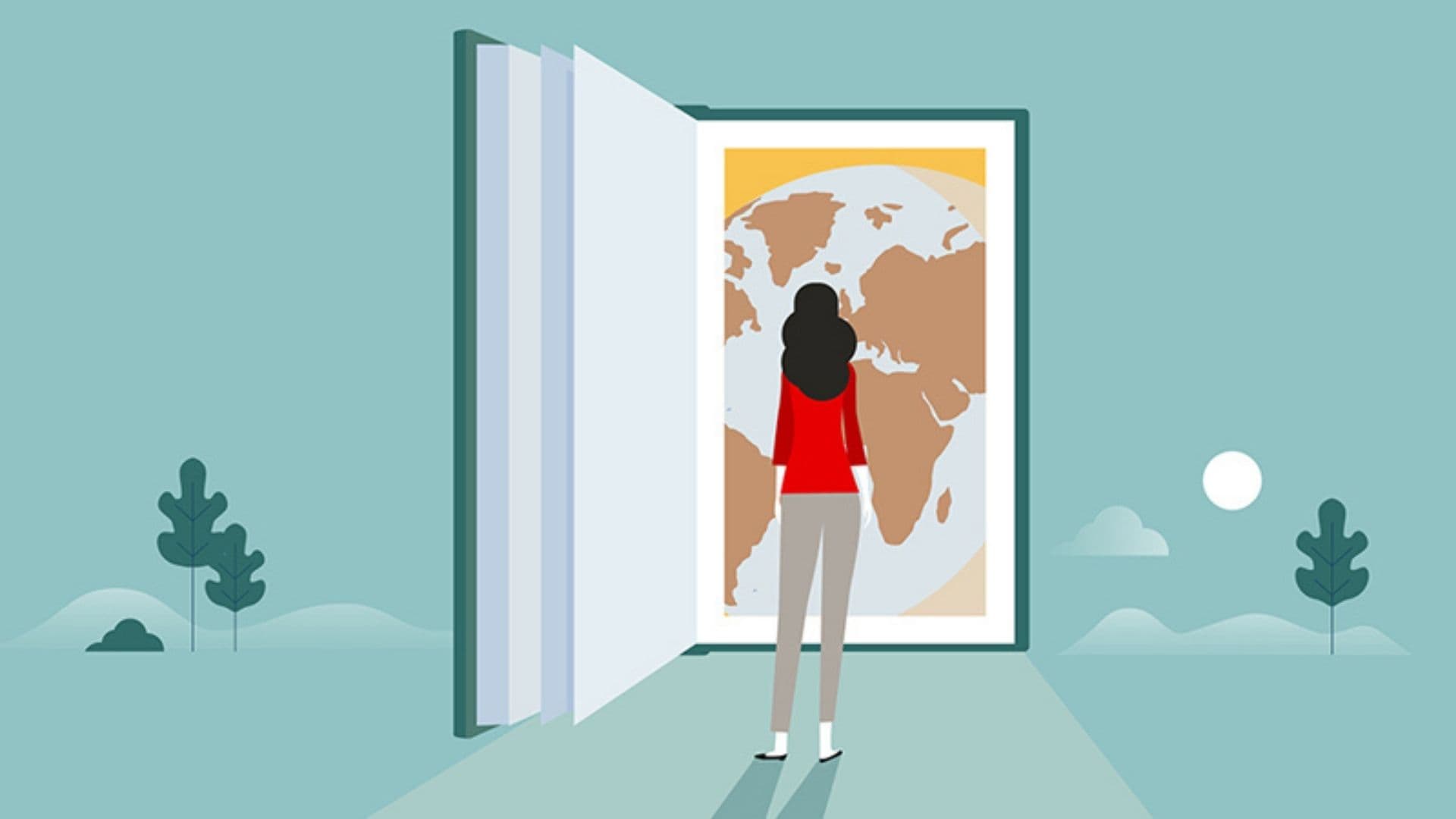 Illustrasjon av en kvinne som står foran en åpen dør og ser på en stor globus utenfor. Bakgrunnen er minimalistisk med trær, åser og en sol på himmelen.