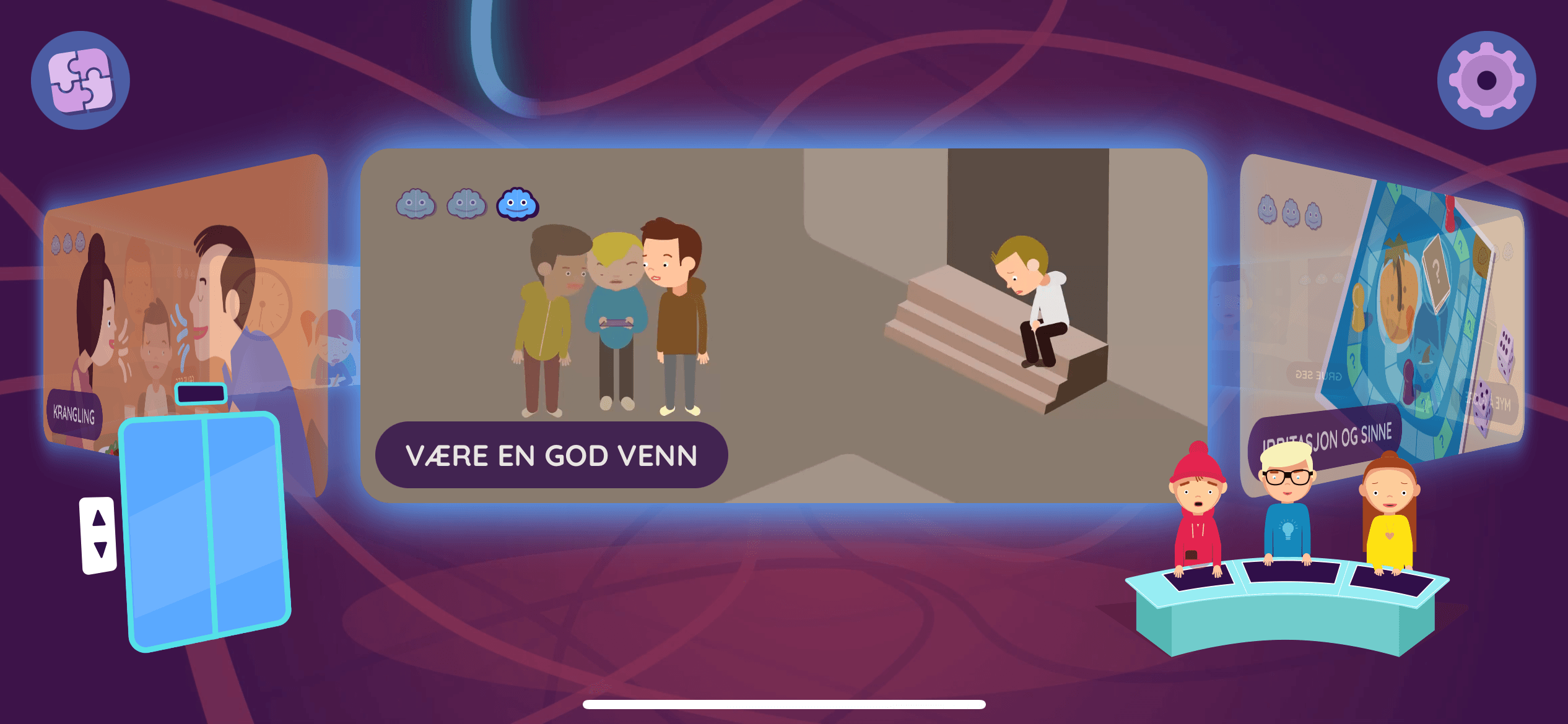 Animert scene med en gutt som sitter alene på trappen, tre barn som snakker med telefoner og et spillprogram. Tekst på skjermen sier VÆRE EN GUD VENN.