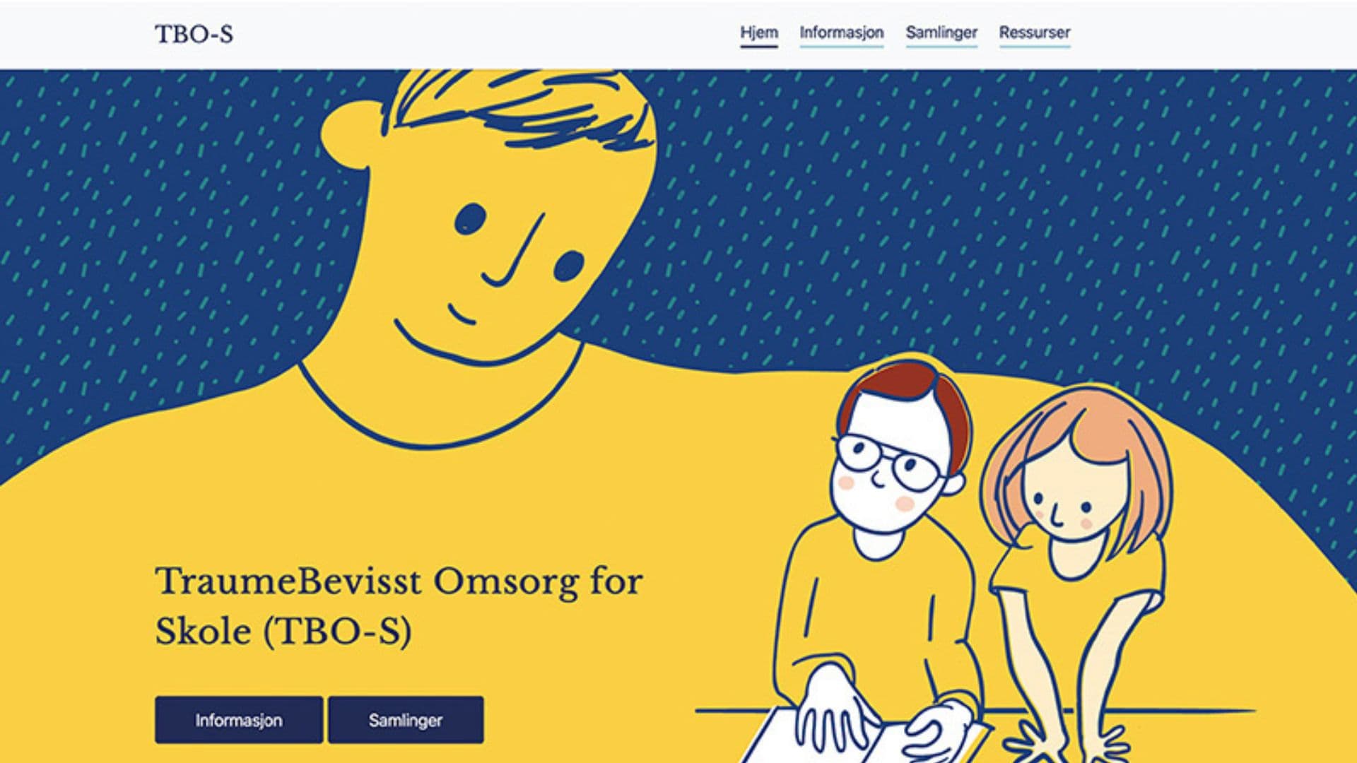 Illustrasjon av en voksen med to barn som sitter sammen mot en blå og gul bakgrunn. Teksten på norsk lyder TraumeBevisst Omsorg for Skole (TBO-S) med navigasjonsmeny og knapper over.