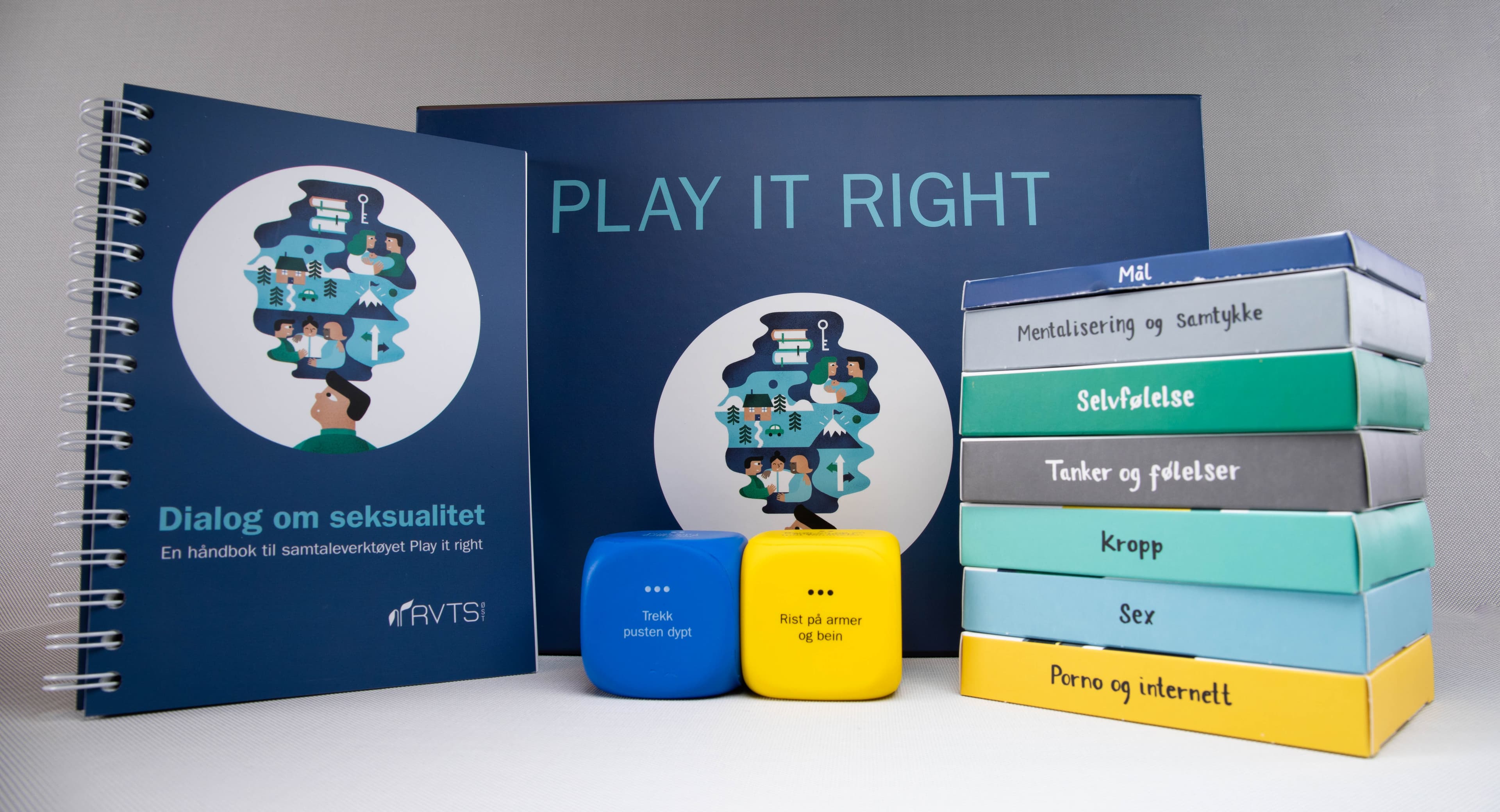 Et hefte med tittelen Dialog om seksualitet står ved siden av fargerike kuber og et blått skilt med teksten Play It Right. Kubbene viser norske ord knyttet til følelser, kropp, sex og internettbruk.