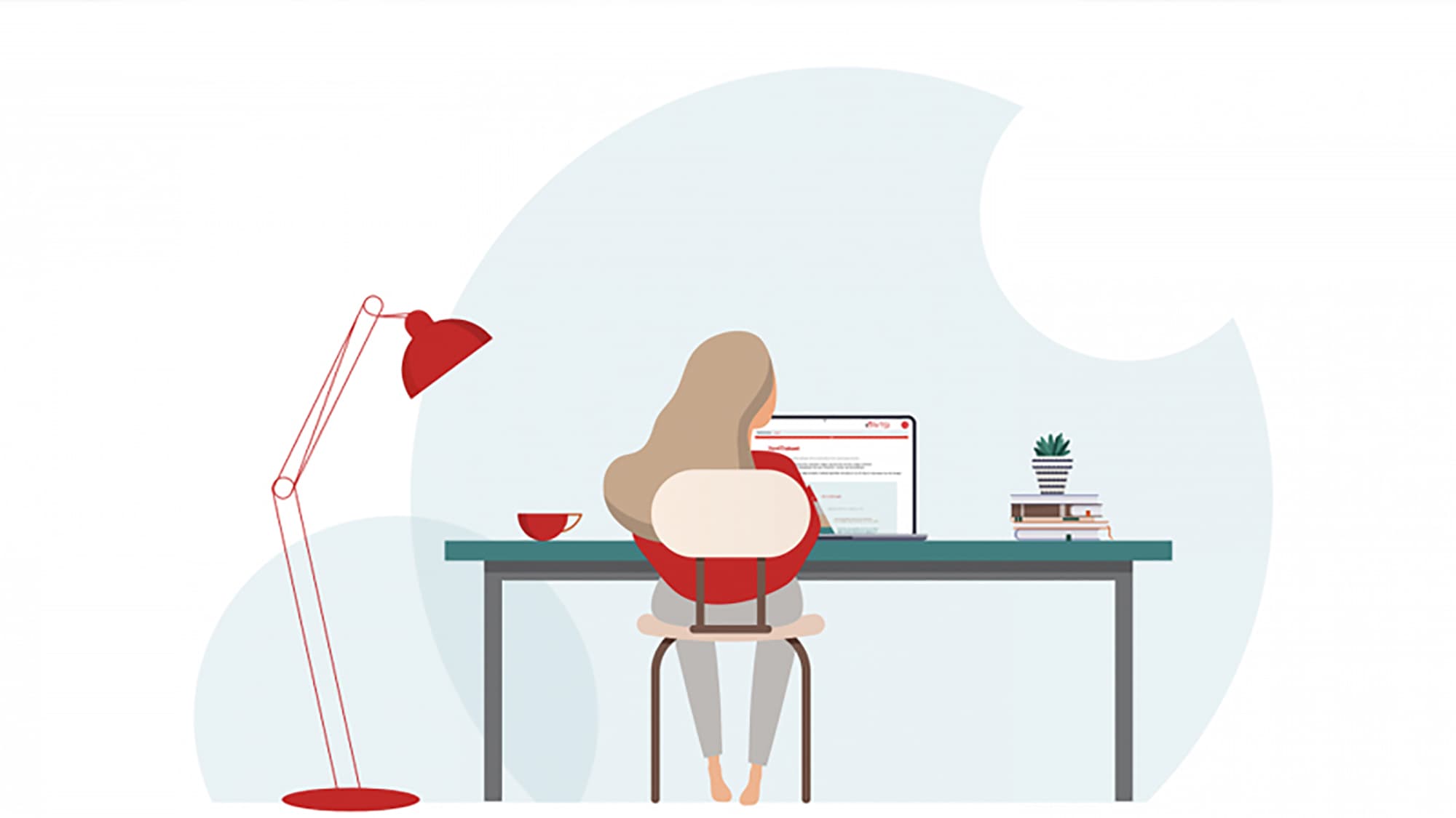Illustrasjon av en kvinne med langt hår som sitter ved et skrivebord og arbeider på en datamaskin. På skrivebordet står en rød kopp, en stabel med bøker, en potteplante og en stor, rød skrivebordslampe. Bakgrunnen er minimal og lyseblå.