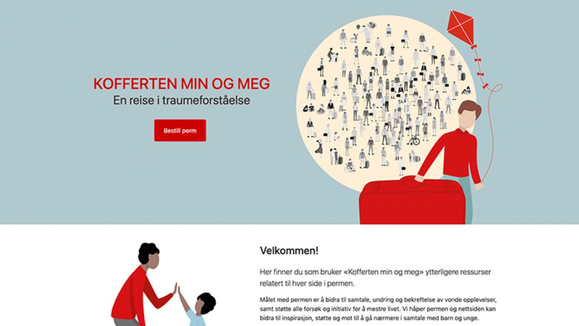 En hjemmeside viser en rød koffert med en mann som åpner den og slipper ut illustrerte personer og en rød drage. Tittelen lyder KOFFERTEN MIN OG MEG: En reise i traumeforståelse med en rød knapp merket Bestill perm.