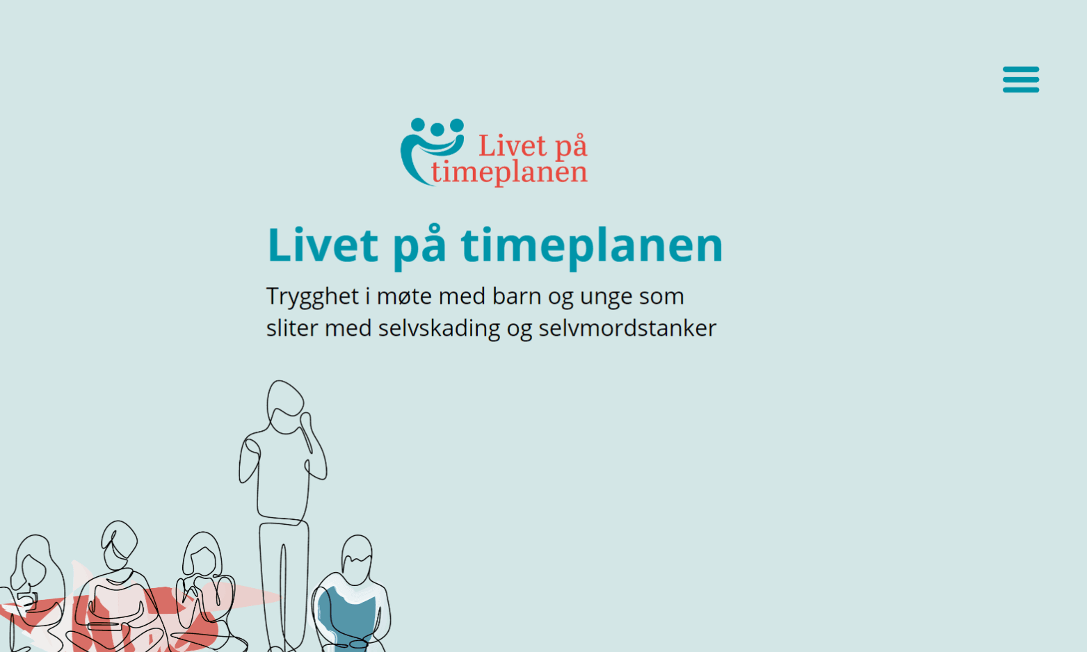 Illustrasjon av fire skisserte figurer som sitter og står, med tekst på norsk om støtte til barn og unge som sliter med selvskading og selvmordstanker. Bakgrunnen er lyseblå med en smilende logo øverst.
