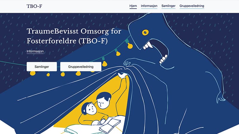 Illustrasjon av to personer som leser under et teppe, med et stort, skyggefullt monster over seg; toppteksten og navigasjonsmenyen er synlig øverst på norsk.