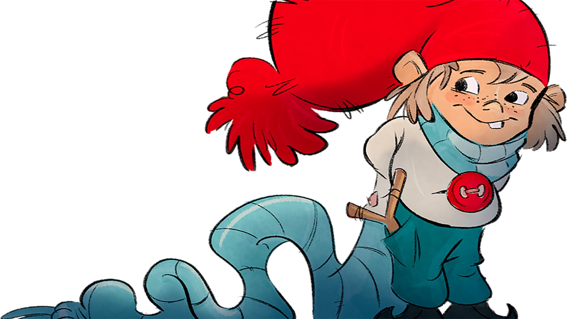 En munter tegneserienisse med stor rød lue, blått skjerf, hvit skjorte, blå bukser og svarte støvler står smilende med en lang sammenrullet bokrull og en trepinne i hånden.
