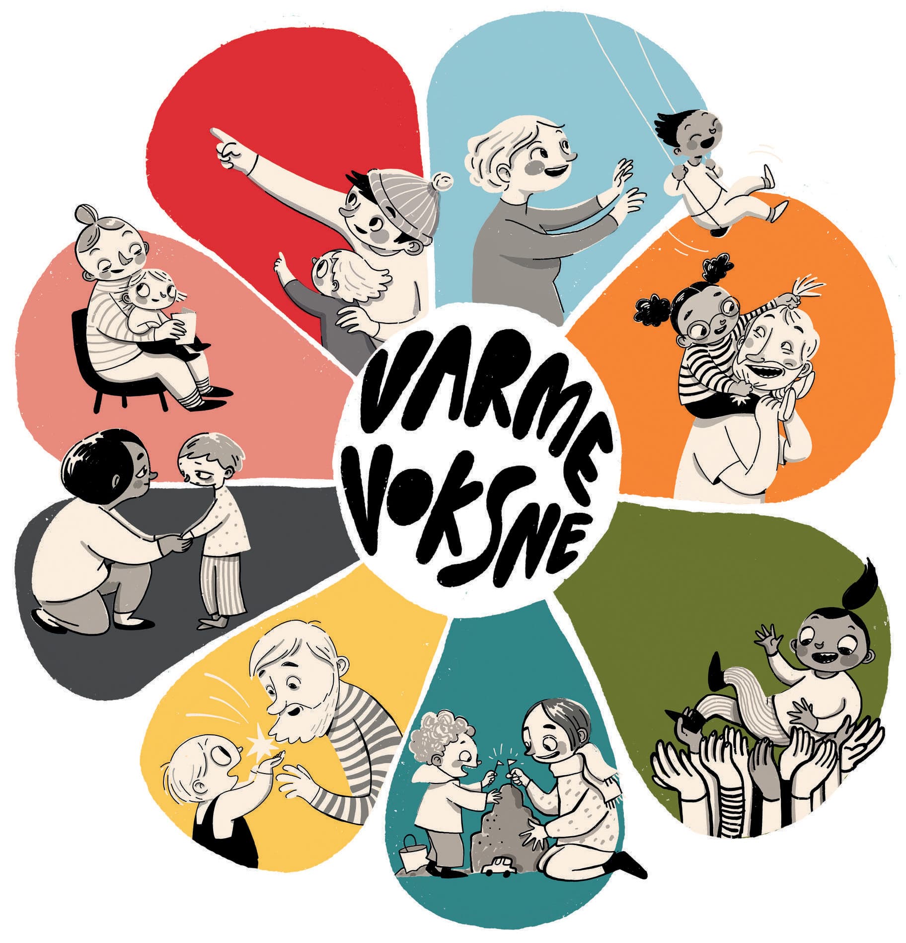 Illustrasjon av en blomst med seks kronblader, der hvert kronblad viser varme interaksjoner mellom voksne og barn, som klemmer, leker, trøster og gir hverandre high-five. I midten står det VARME VOKSNE med fete bokstaver.