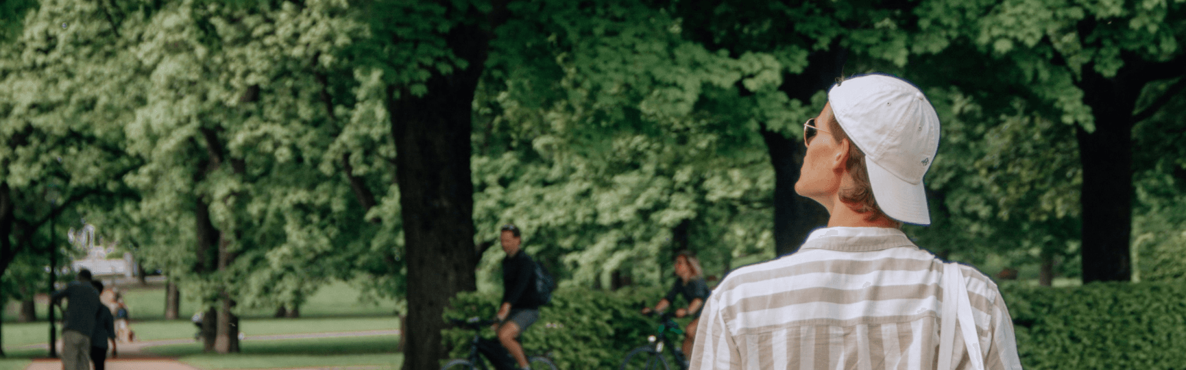 En person med hvit caps og stripete skjorte står i en park og ser opp på trærne. Andre mennesker går og sykler på stiene i bakgrunnen, omgitt av frodig grønt løvverk.