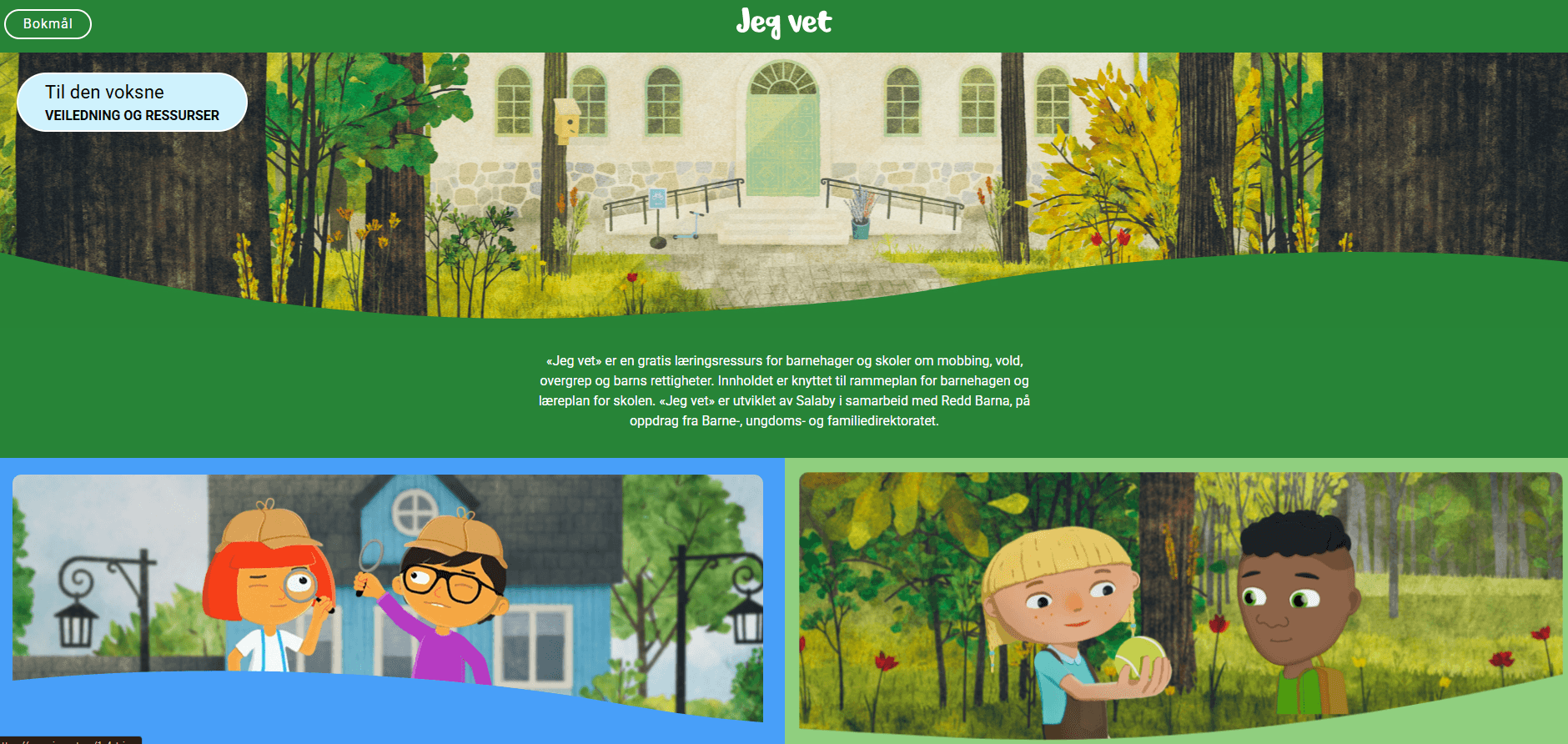 Et fargerikt nettsted for barn med tegneseriefigurer av barn utendørs, en stor skolebygning i bakgrunnen og tekst om læringsressurser om vold, mobbing og sikkerhet. Gjennomgående er det brukt sterke farger og vennlige illustrasjoner.