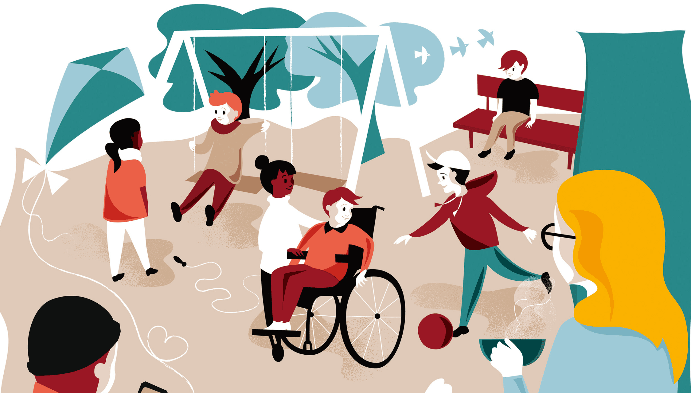 Barn leker sammen på en lekeplass. Noen sitter på husker, ett barn sitter i rullestol, andre leker med ball eller står i nærheten. En person med briller og gult hår observerer fra siden. En drage og trær er i bakgrunnen.