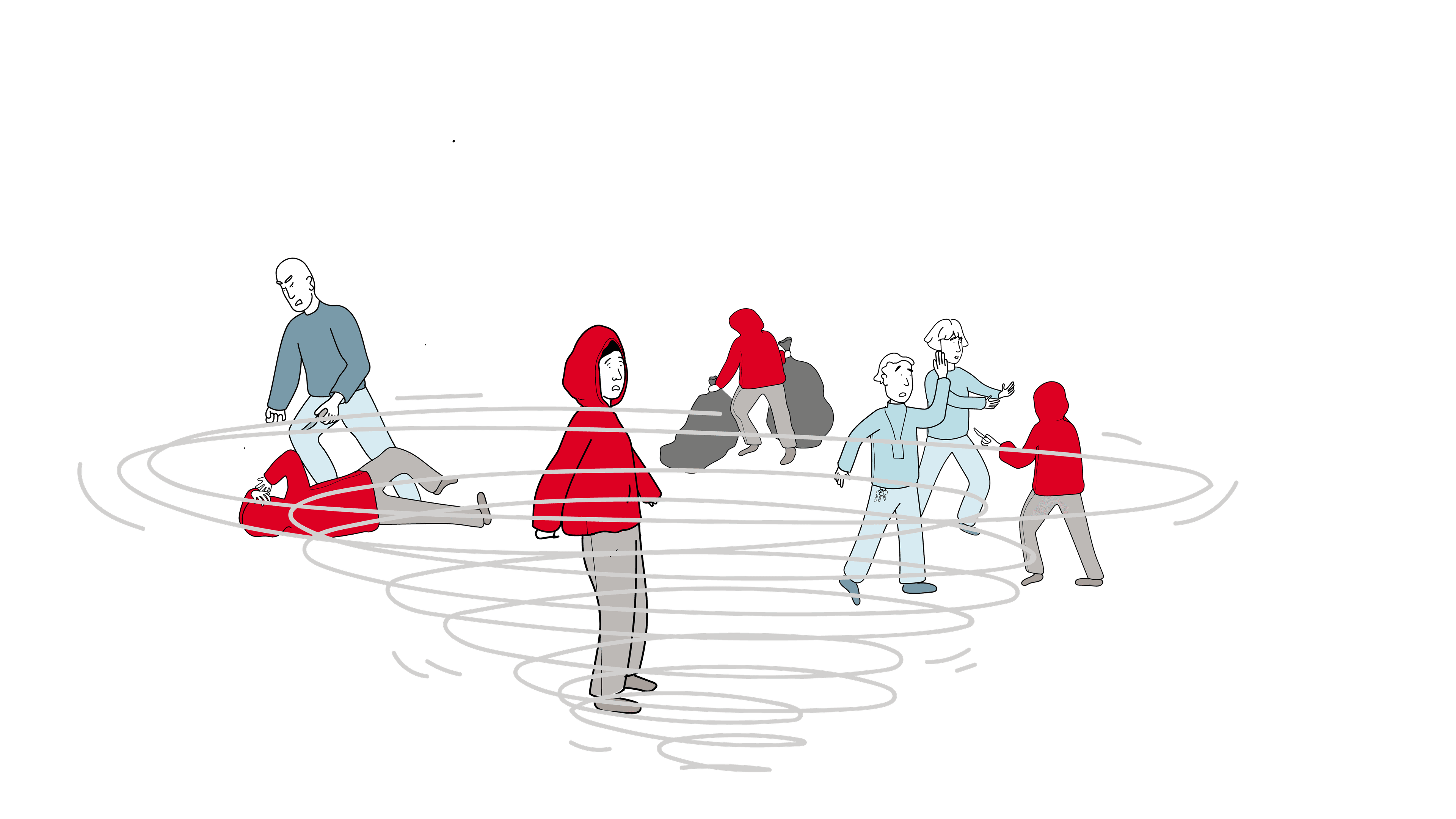 Illustrasjon av mennesker i røde og blå jakker som blir trukket inn i et virvlende boblebad.